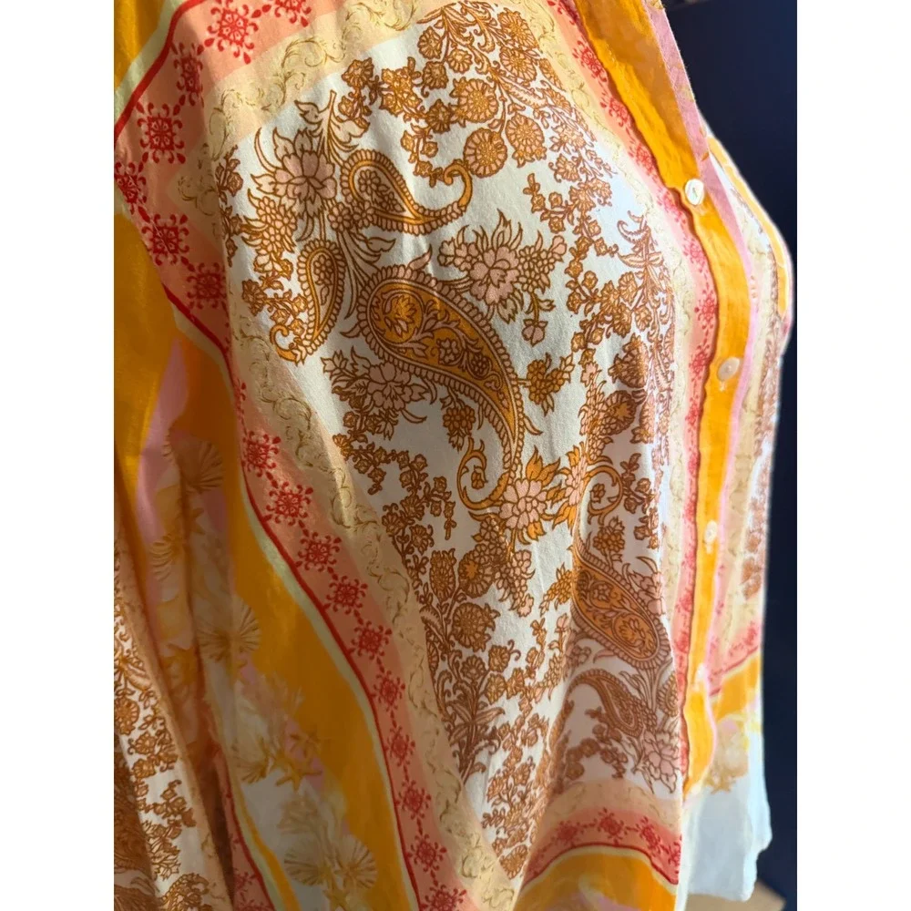 Calypso St. Barth Tropical Cotton Paisley & Shell Print Long Sleeve Blouse XL - Picture 2 of 8